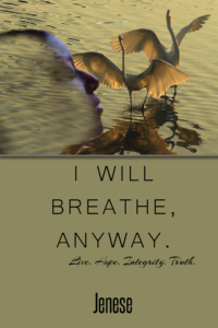 Book cover for "I Will Breathe, Anyway". The soon to be published book of Jenese' poems